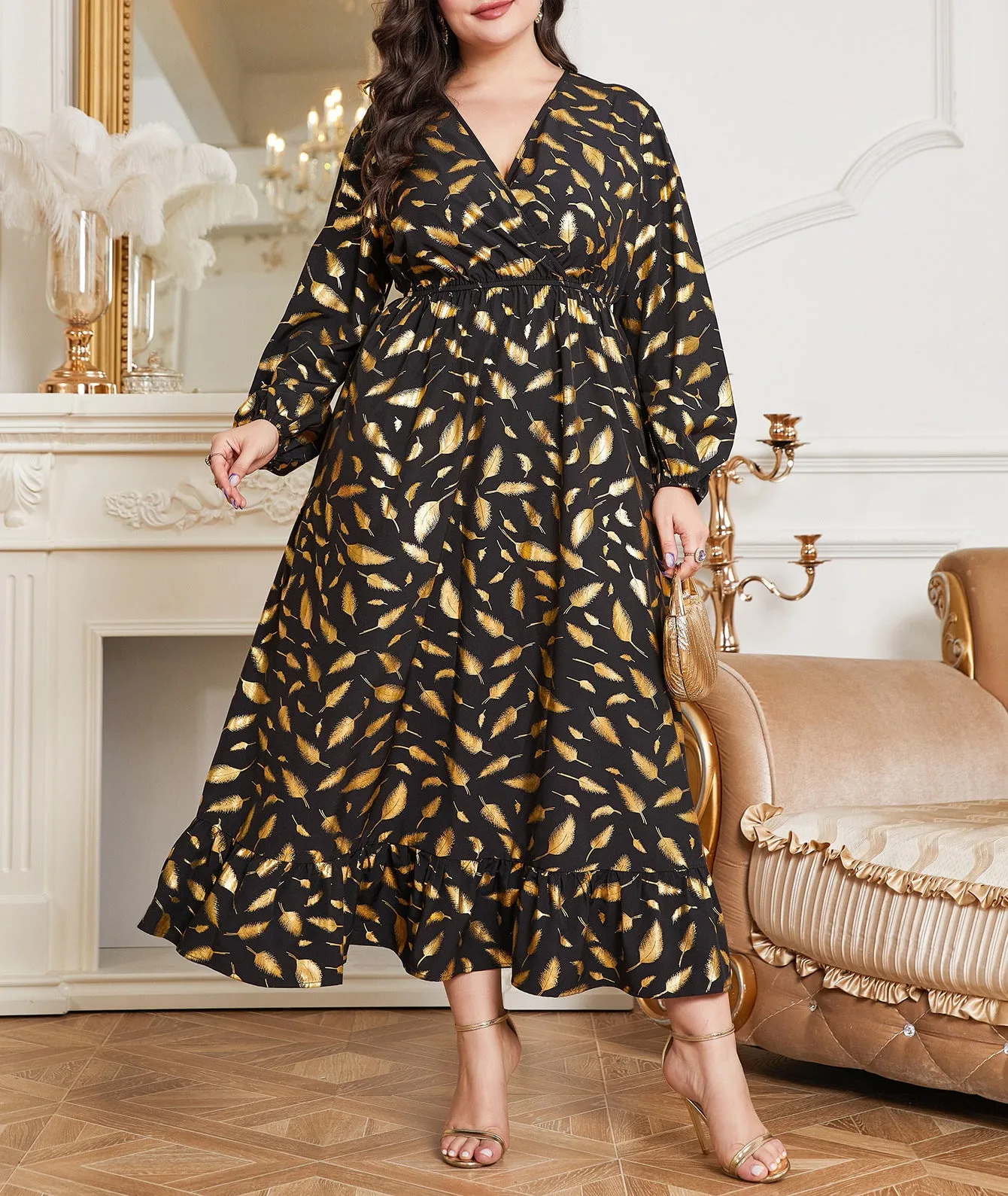 Elegant Plus Size Feather Print Maxi Dress with Elastic Waist