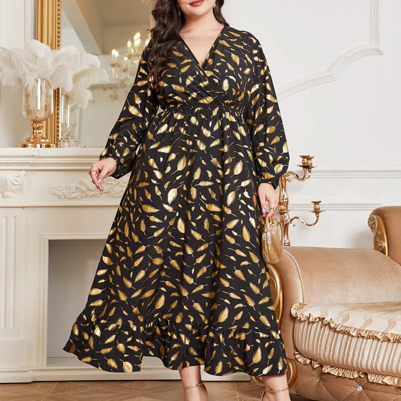 Elegant Plus Size Feather Print Maxi Dress with Elastic Waist
