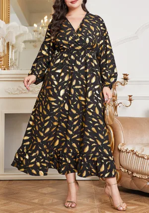 Elegant Plus Size Feather Print Maxi Dress with Elastic Waist
