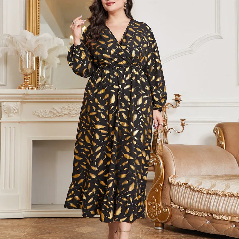 Elegant Plus Size Feather Print Maxi Dress with Elastic Waist