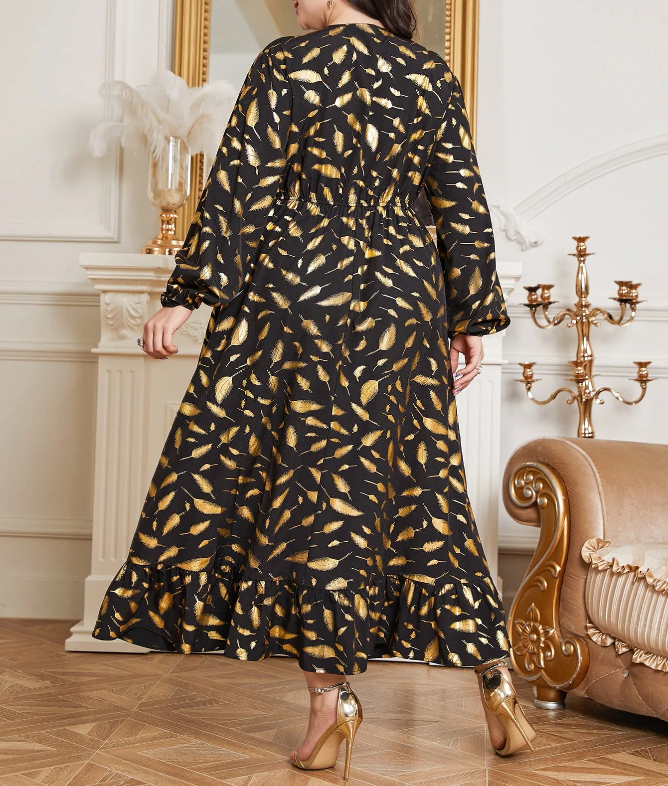 Elegant Plus Size Feather Print Maxi Dress with Elastic Waist