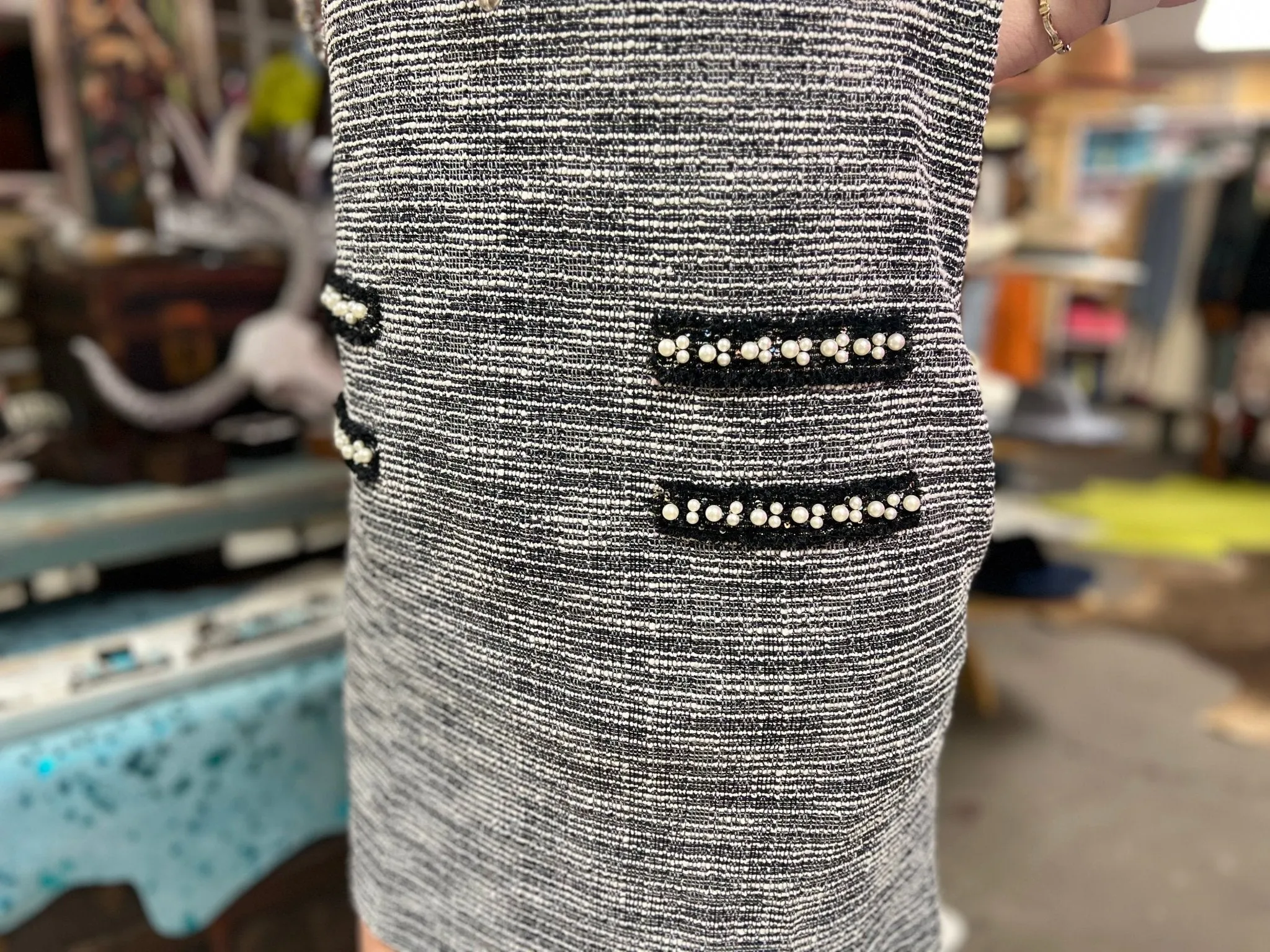 Elegant Tweed Pearl Pocket Mini Dress