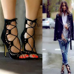 Fashion Women Pumps Women Shoes Sandals Lace up High Heels Cut Outs Shoes Open Toe Sapato Femininos Plus size 43
