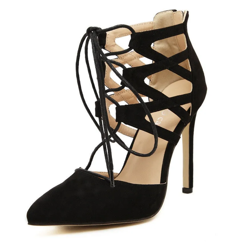 Fashion Women Pumps Women Shoes Sandals Lace up High Heels Cut Outs Shoes Open Toe Sapato Femininos Plus size 43