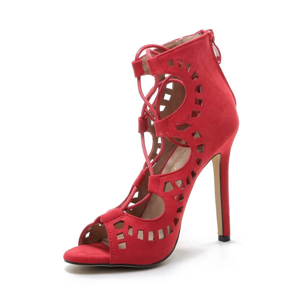 Fashion Women Pumps Women Shoes Sandals Lace up High Heels Cut Outs Shoes Open Toe Sapato Femininos Plus size 43