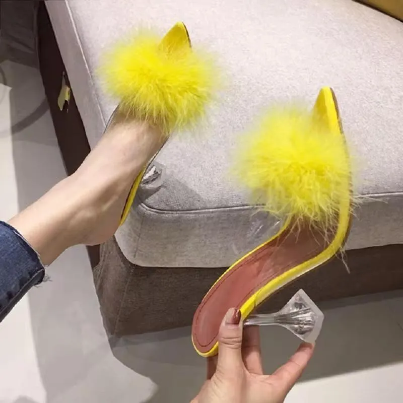 Feather Fur PVC Transparent High Heels Woman Slippers
