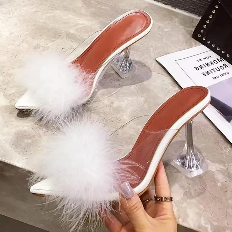 Feather Fur PVC Transparent High Heels Woman Slippers
