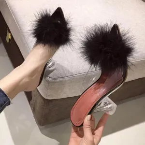 Feather Fur PVC Transparent High Heels Woman Slippers