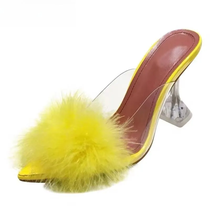 Feather Fur PVC Transparent High Heels Woman Slippers