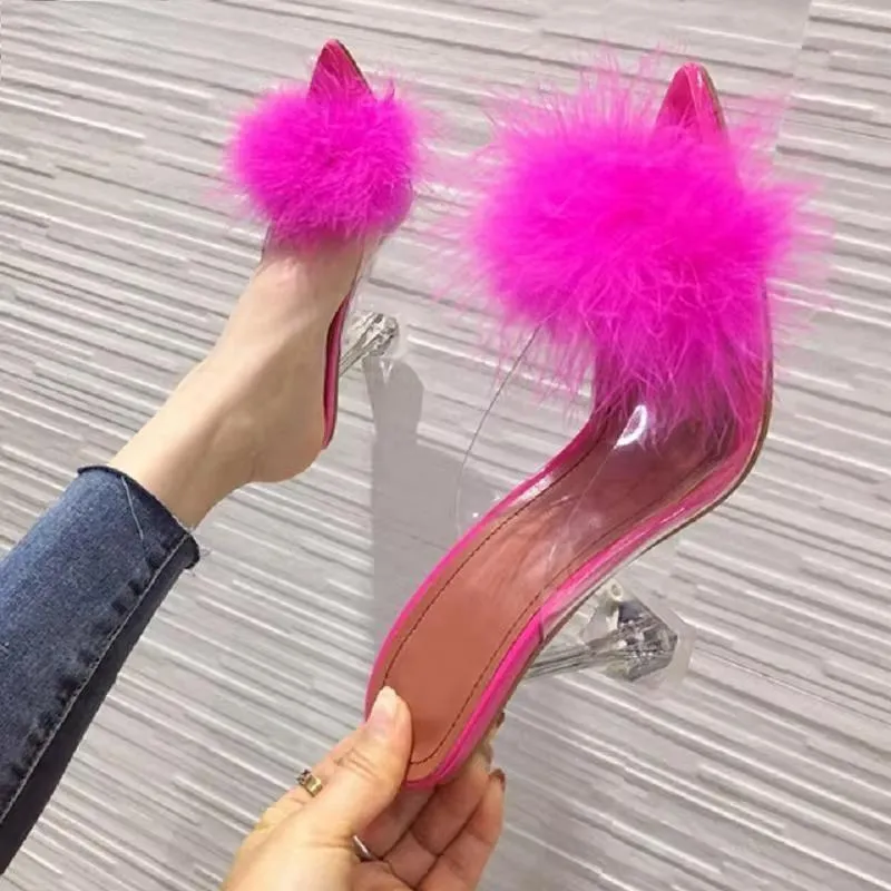 Feather Fur PVC Transparent High Heels Woman Slippers