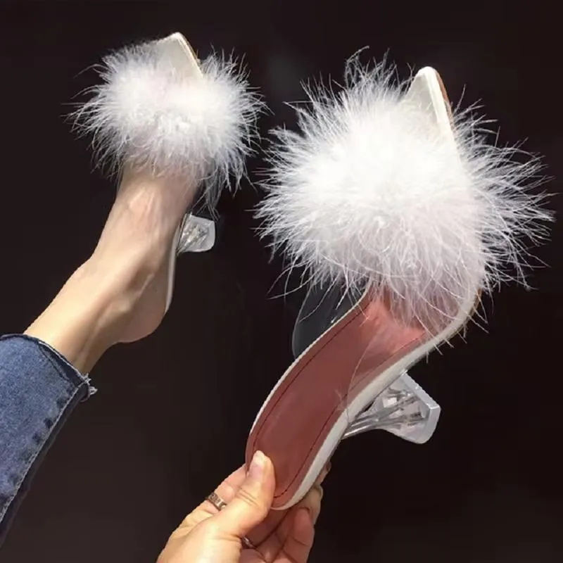 Feather Fur PVC Transparent High Heels Woman Slippers