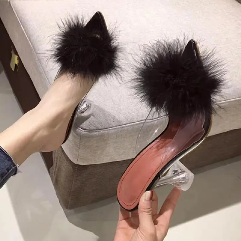 Feather Fur PVC Transparent High Heels Woman Slippers