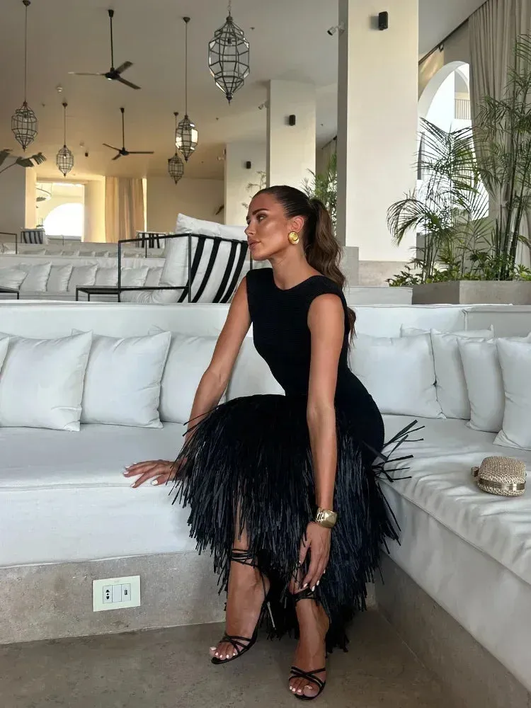 Feather-Trim Midi Dress | Sleek & Glamorous | Perfect for Special Occasions