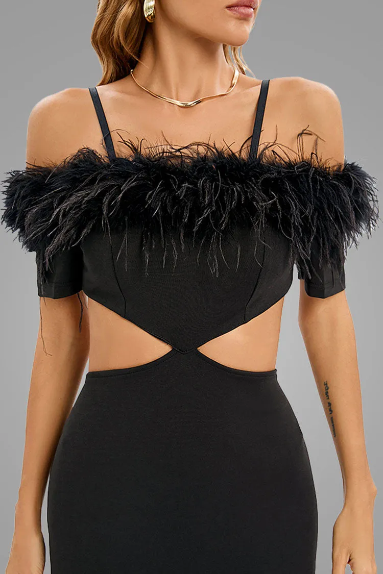 Feather Trim Off Shoulder Cutout Evening Maxi Dress - Black