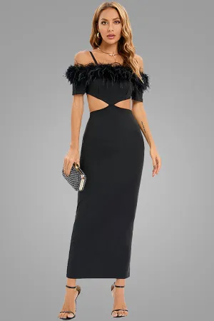 Feather Trim Off Shoulder Cutout Evening Maxi Dress - Black