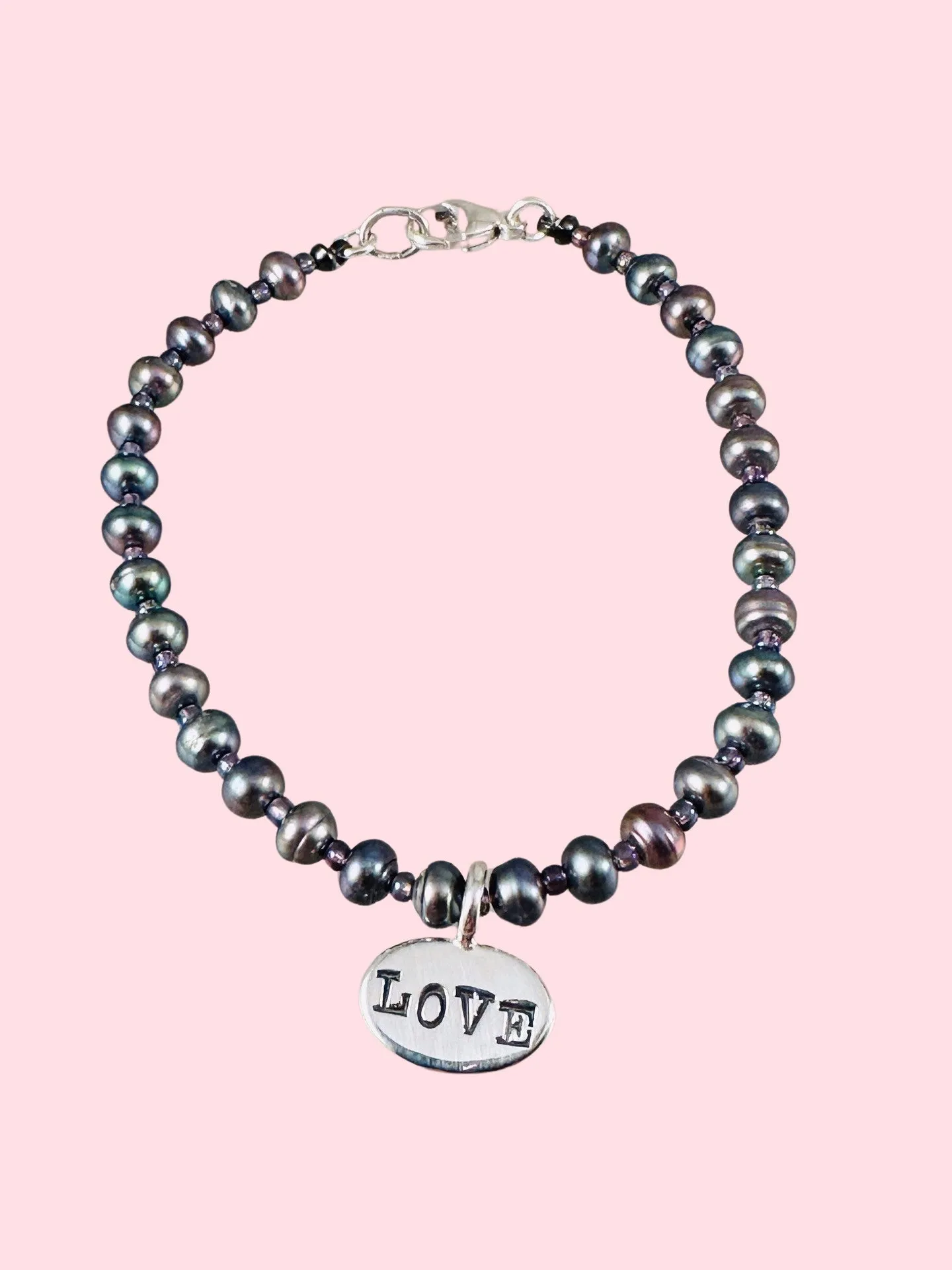 Garnet and Gray Pearl LOVE Charm Bracelet