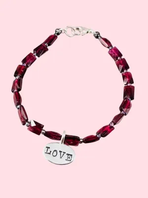Garnet and Gray Pearl LOVE Charm Bracelet