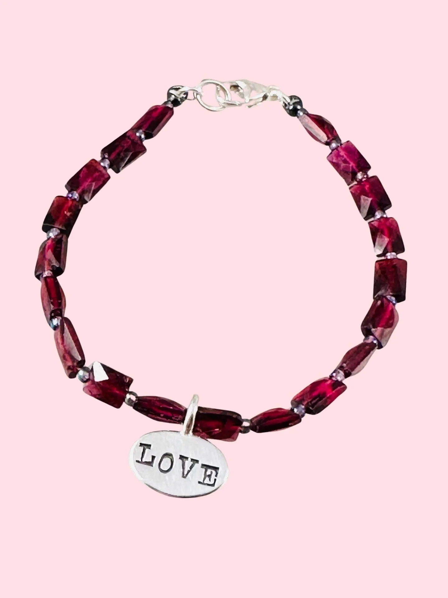 Garnet and Gray Pearl LOVE Charm Bracelet
