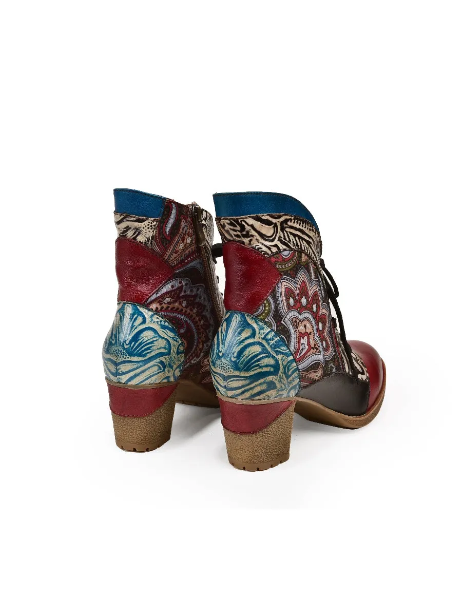 Geometric Printed Floral Genuine Leather Bootie - Claret