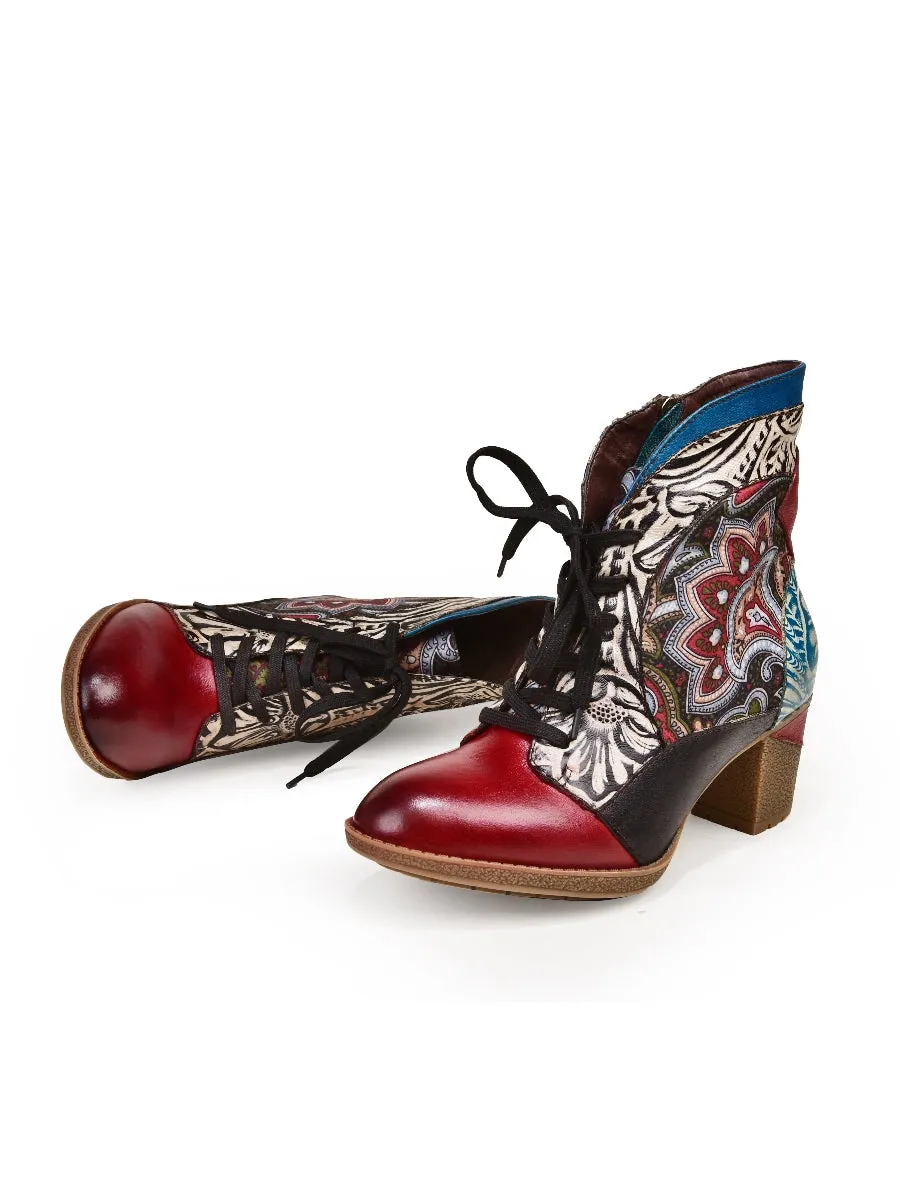 Geometric Printed Floral Genuine Leather Bootie - Claret