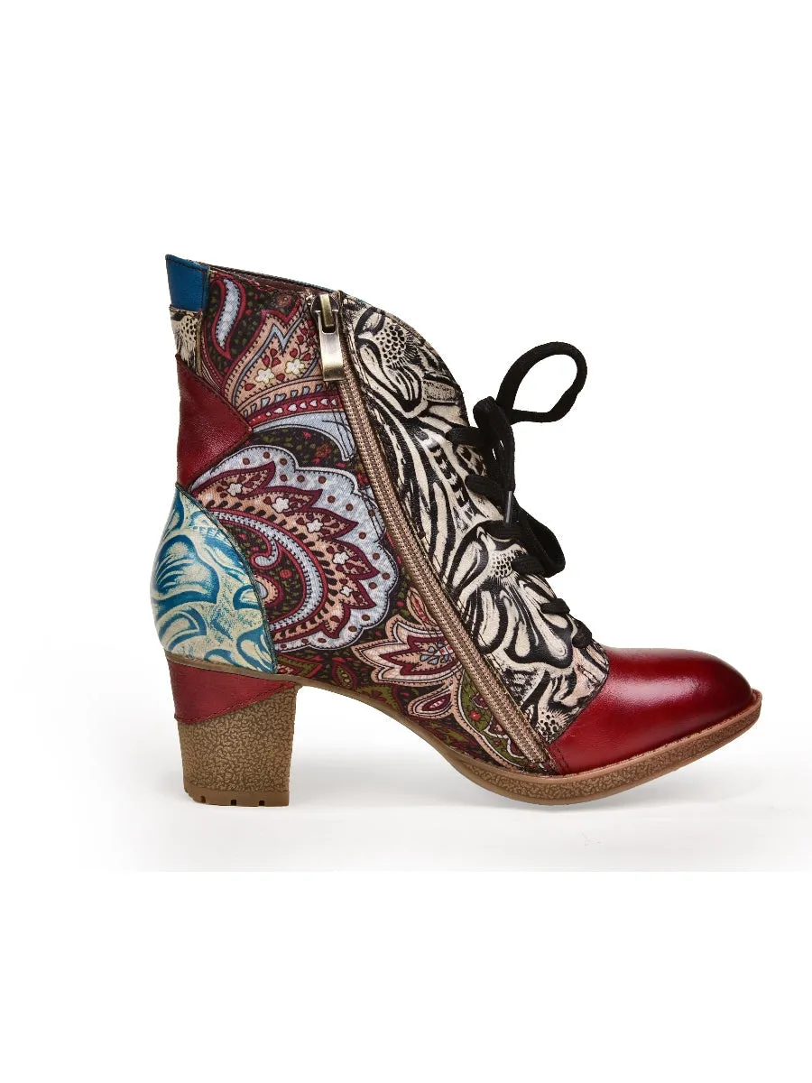 Geometric Printed Floral Genuine Leather Bootie - Claret