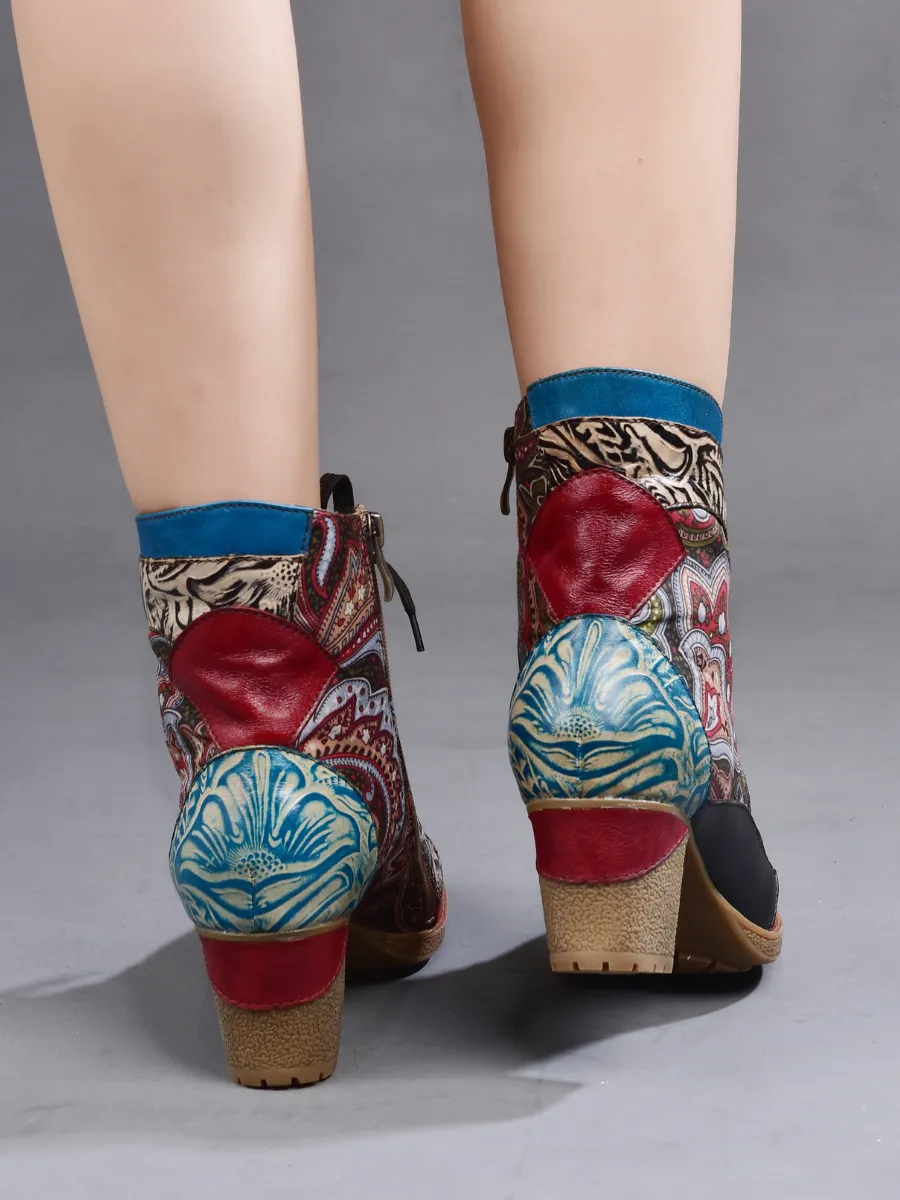 Geometric Printed Floral Genuine Leather Bootie - Claret