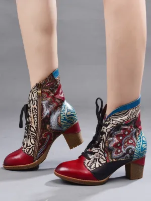 Geometric Printed Floral Genuine Leather Bootie - Claret
