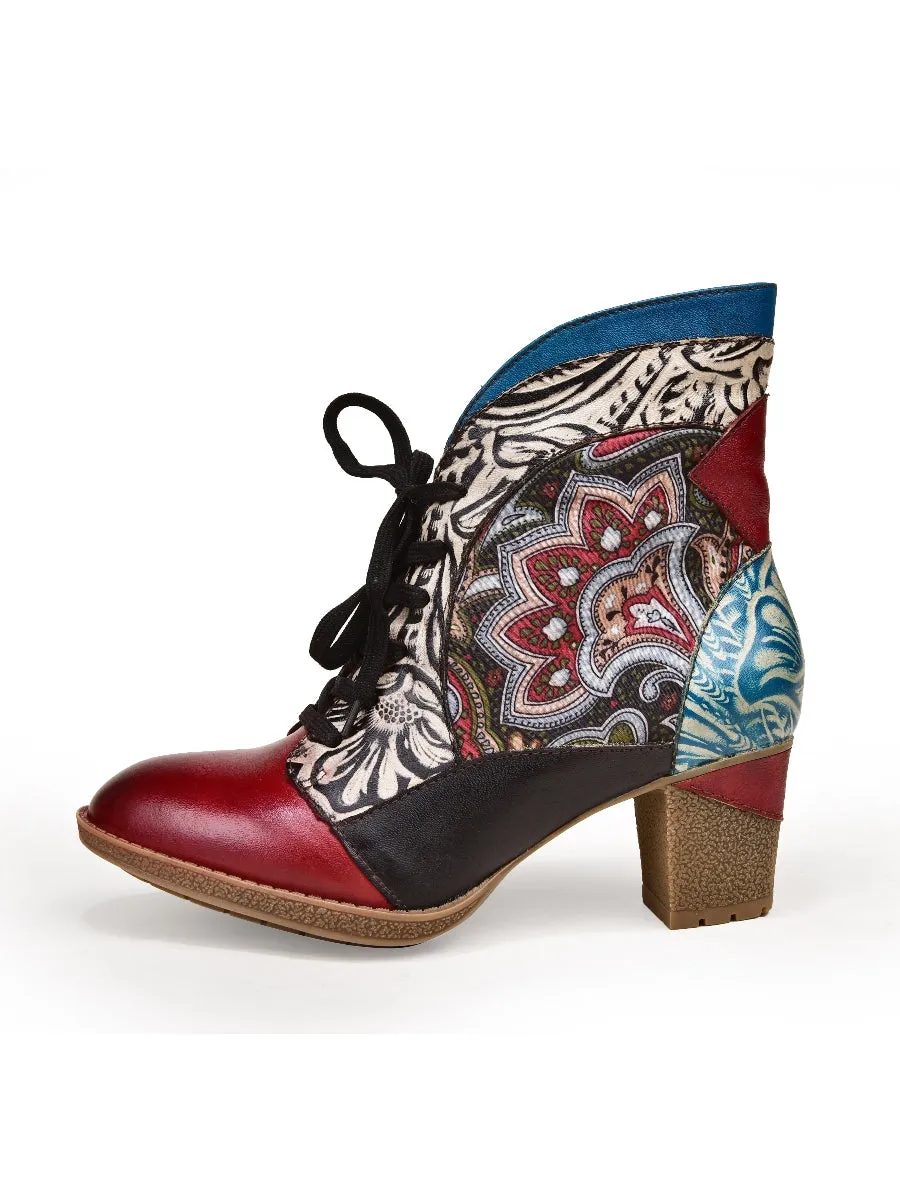 Geometric Printed Floral Genuine Leather Bootie - Claret