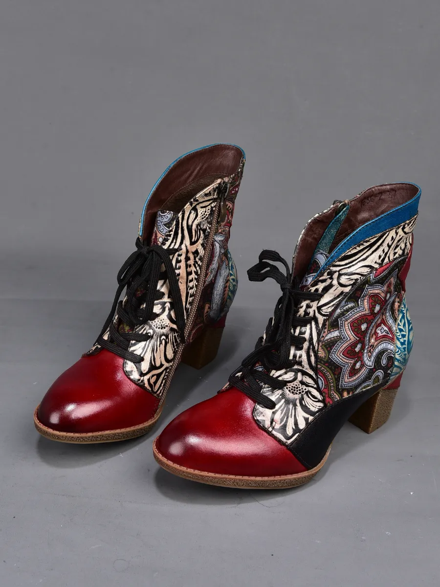 Geometric Printed Floral Genuine Leather Bootie - Claret
