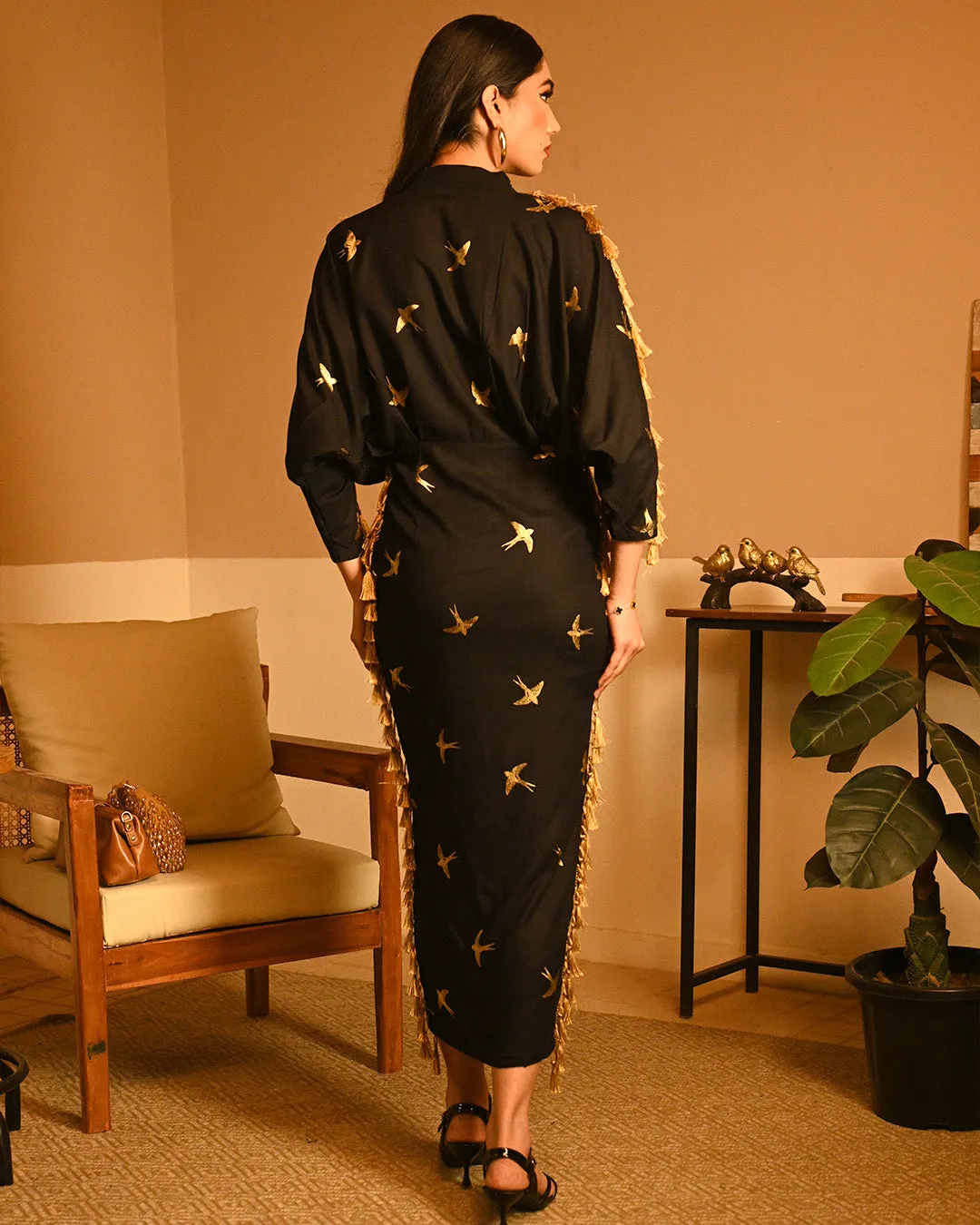 Gold Bird Foil Drape dress