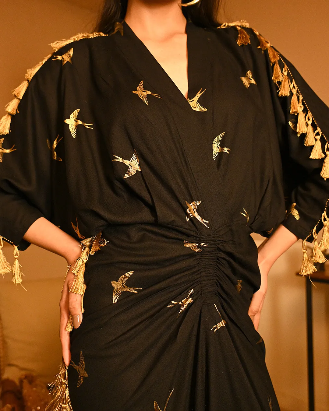 Gold Bird Foil Drape dress