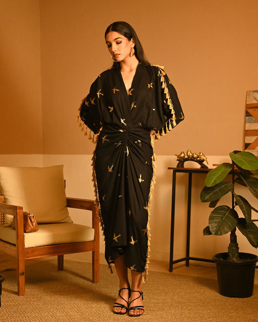 Gold Bird Foil Drape dress