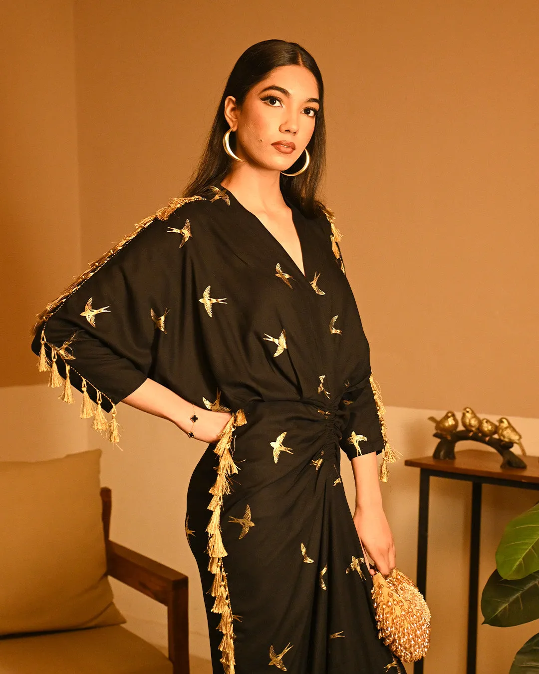 Gold Bird Foil Drape dress