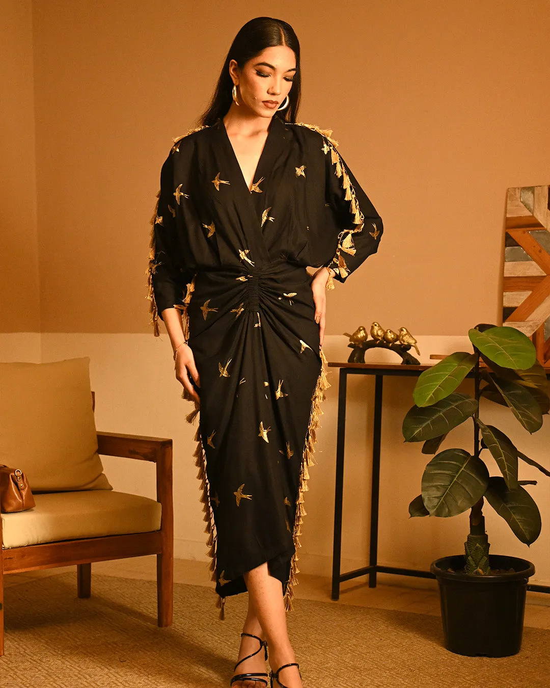 Gold Bird Foil Drape dress