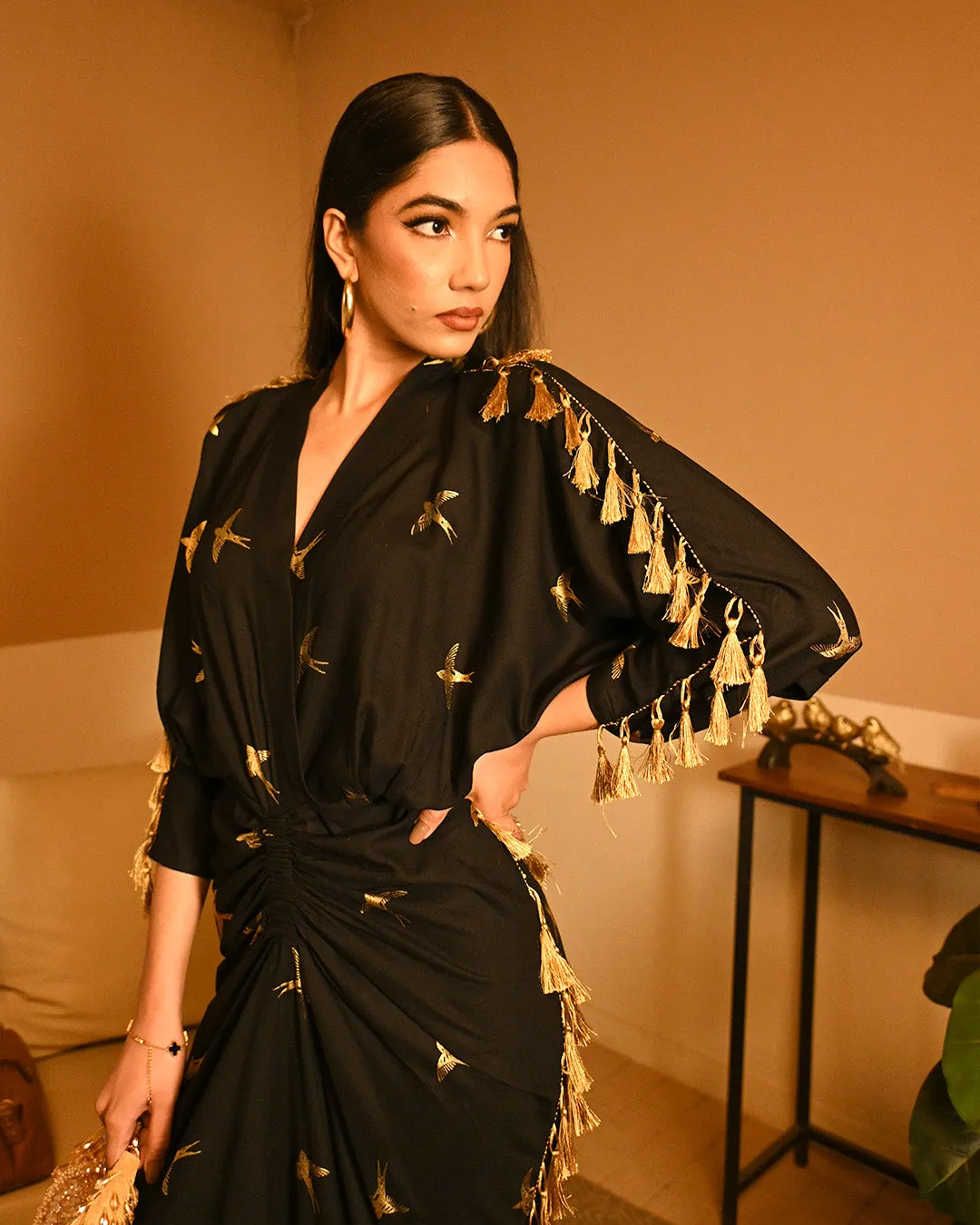 Gold Bird Foil Drape dress