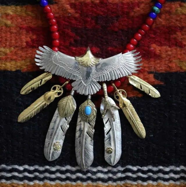 Goros Eagle With Gold, Turquoise, And Silver Feather Setup