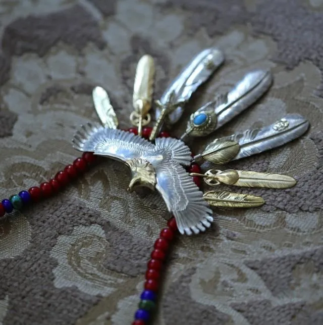Goros Eagle With Gold, Turquoise, And Silver Feather Setup