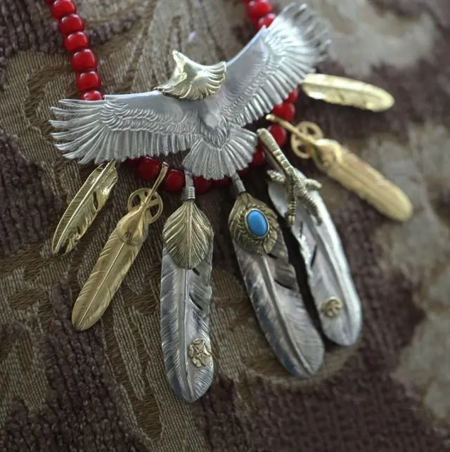 Goros Eagle With Gold, Turquoise, And Silver Feather Setup