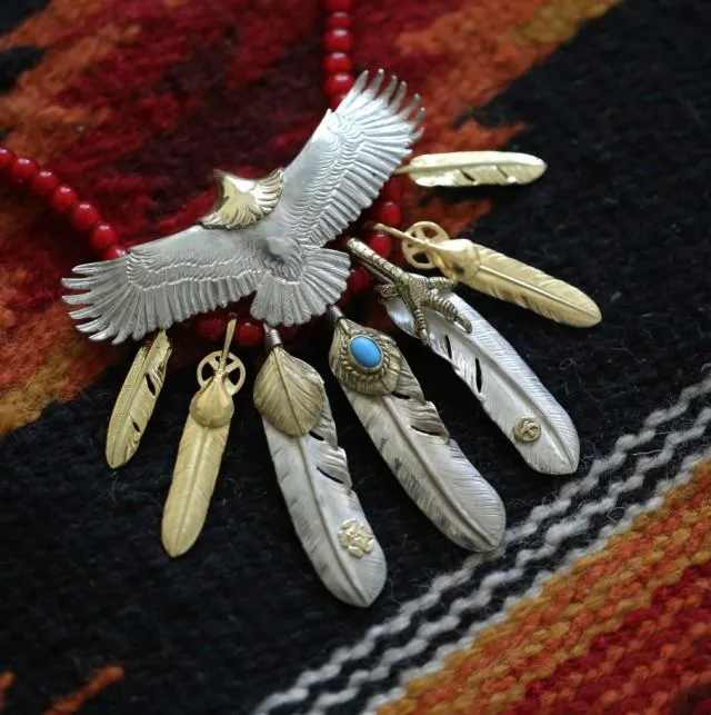 Goros Eagle With Gold, Turquoise, And Silver Feather Setup