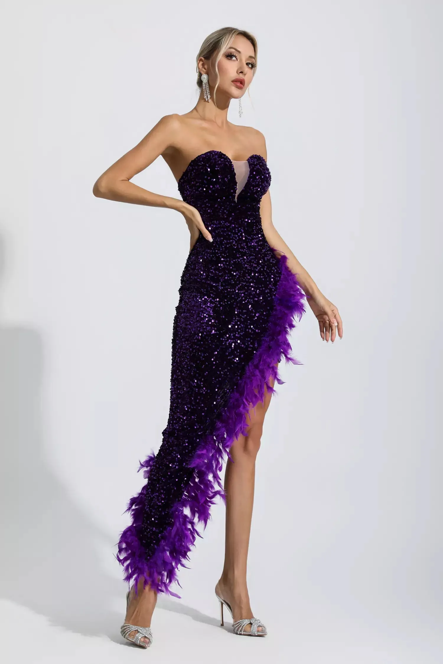 Kira Purple Sequin Feather Dress