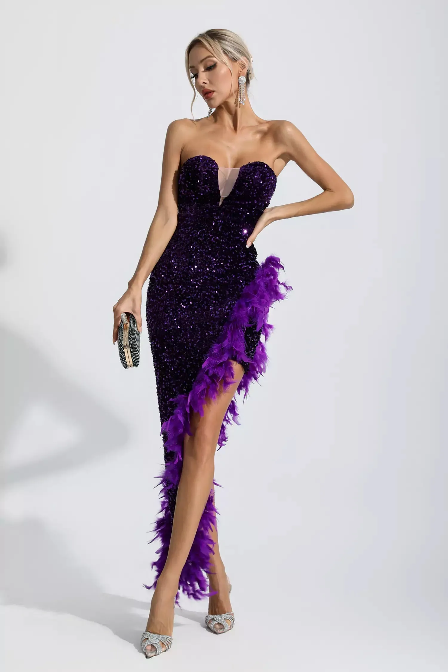 Kira Purple Sequin Feather Dress