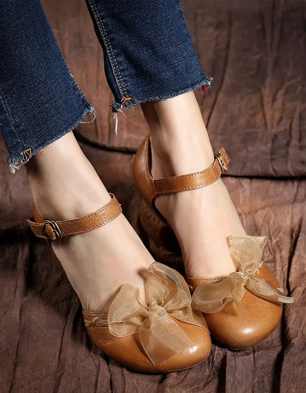 Lace Bowknot Chunky Heel Elegant Ankle Strap Pumps