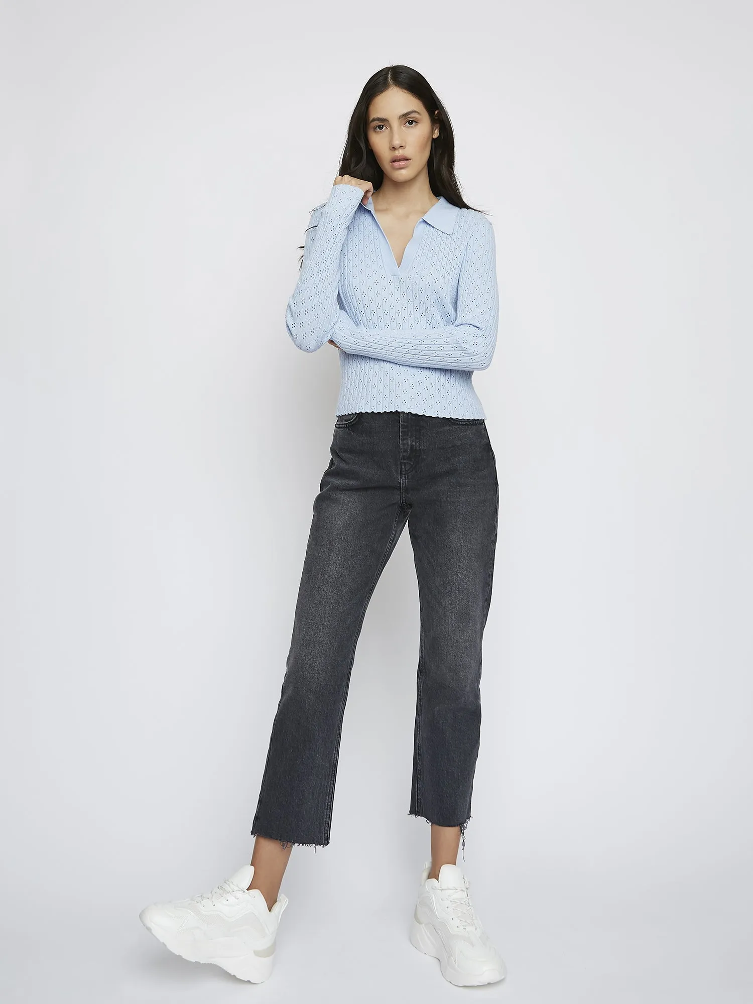 Light Blue Long Sleeve Crochet Collar Shirt