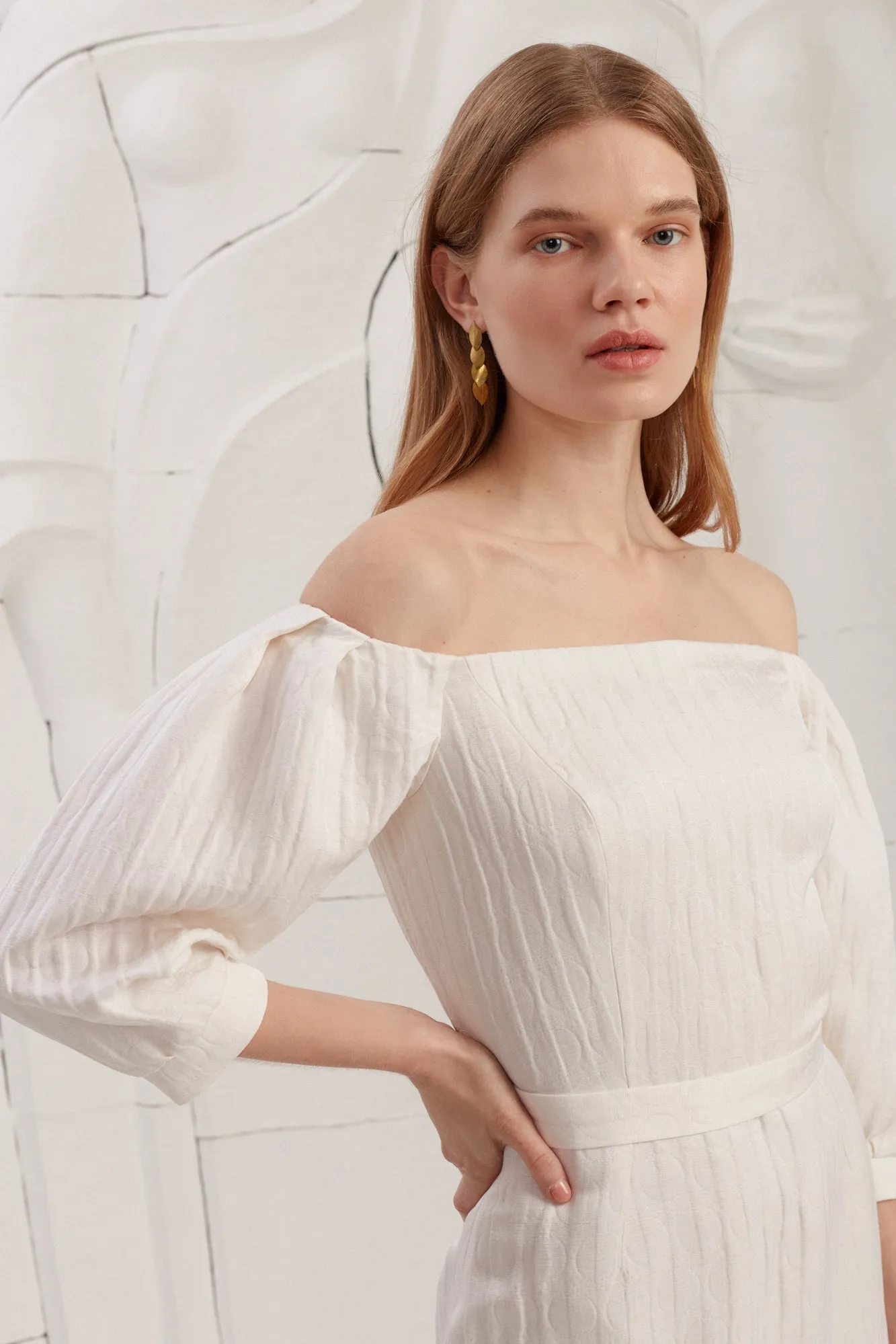 LIVA white textured silk open shoulder midi dress