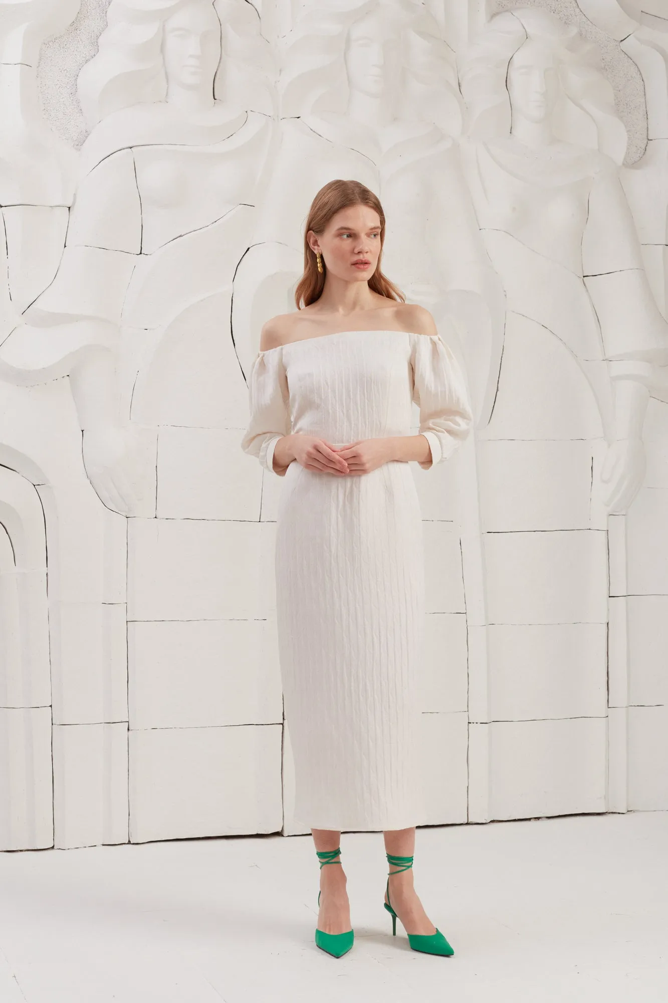 LIVA white textured silk open shoulder midi dress