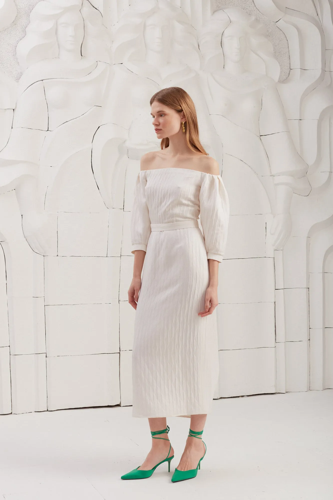 LIVA white textured silk open shoulder midi dress