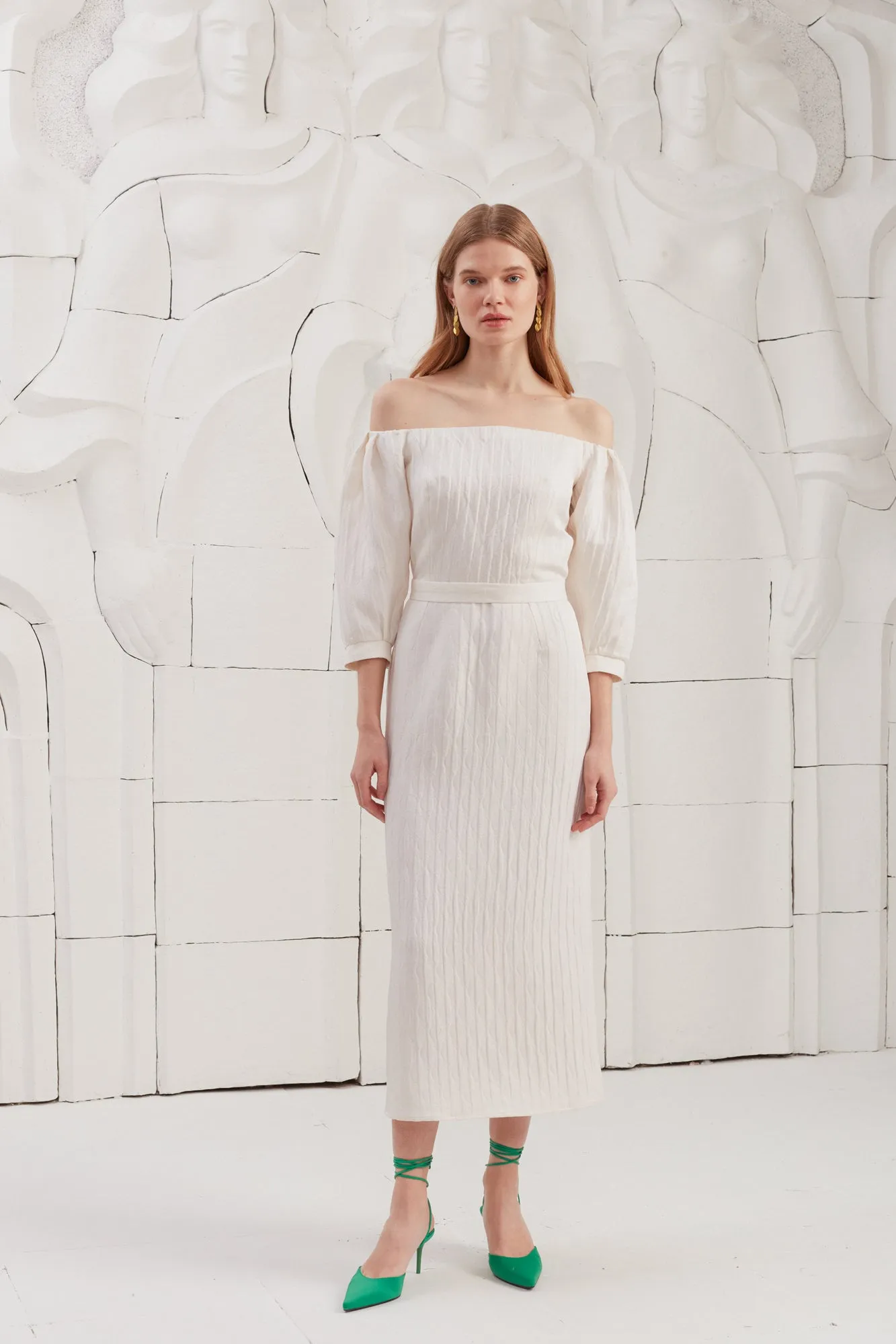 LIVA white textured silk open shoulder midi dress