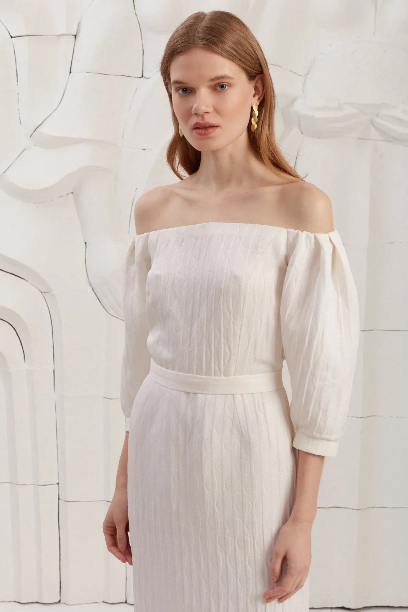 LIVA white textured silk open shoulder midi dress