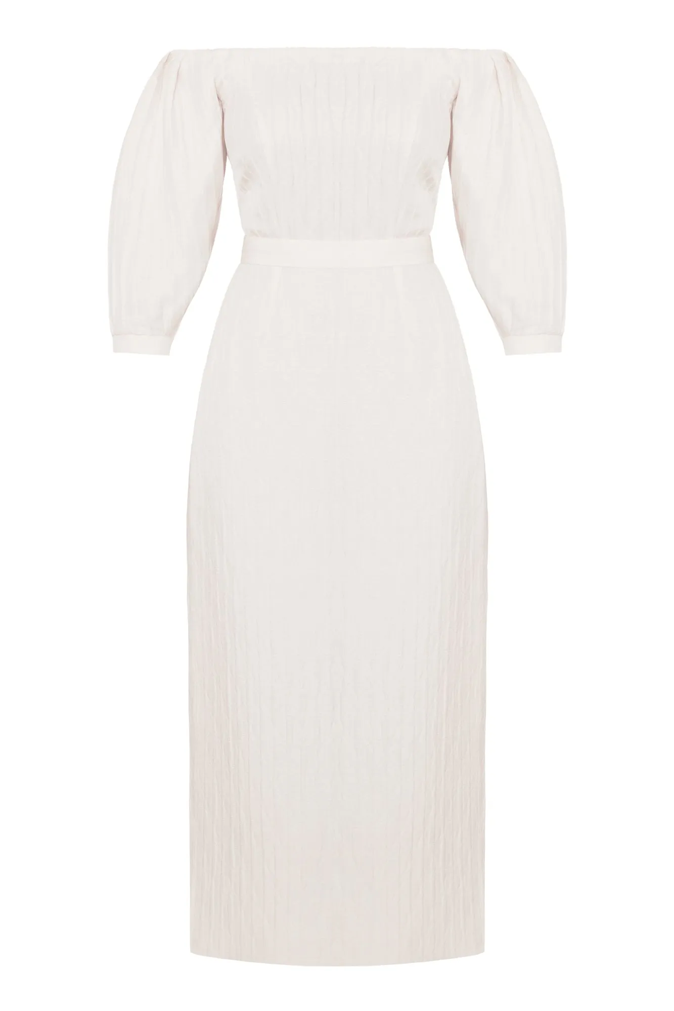 LIVA white textured silk open shoulder midi dress