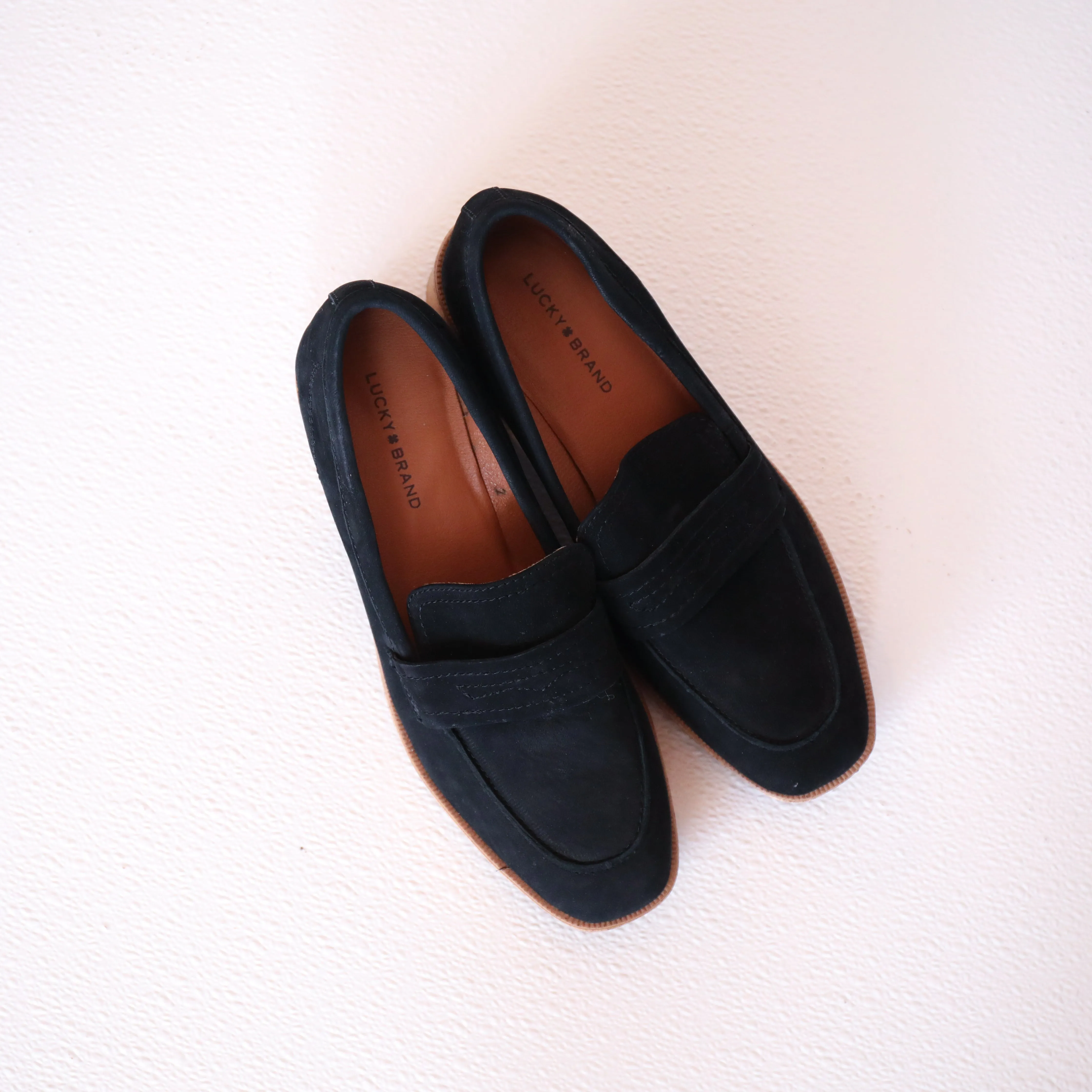 Lucky Brand Black Suede Cork Platform Loafers